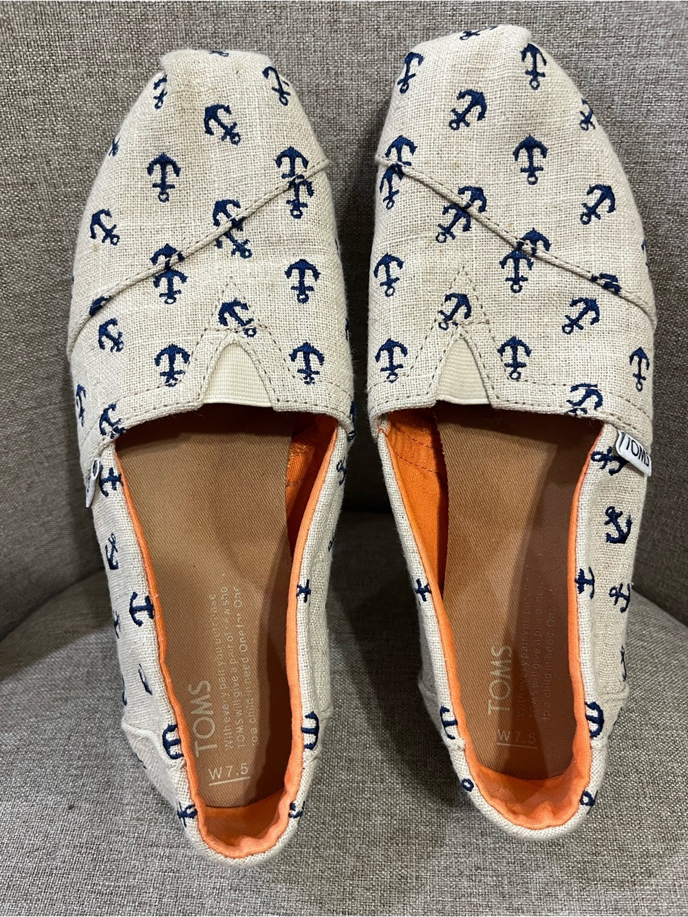 Toms Natural Canvas Slip-Ons with Navy Anchor Print